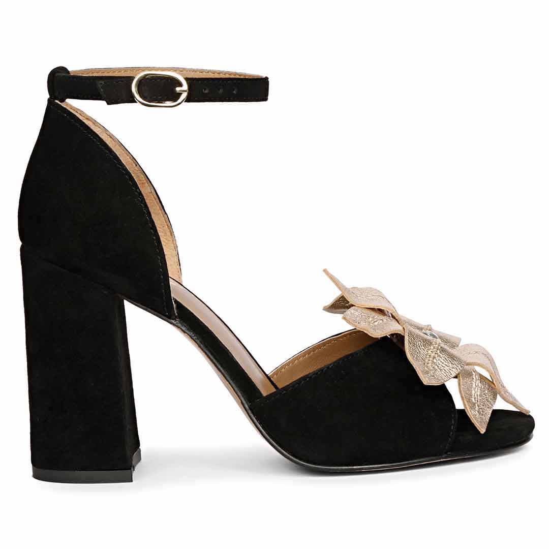 SaintG Saint Lilly Gold Flower Embellished Black Leather Block Heel 41 / Black SaintG Saint Lilly Gold Flower Embellished Black Leather Block Heel 41 / Black