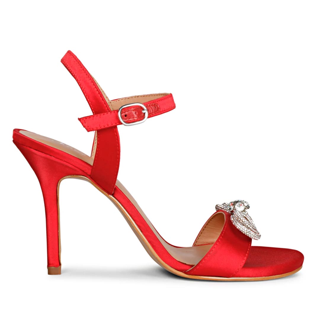 Red satin heels with bow on sale