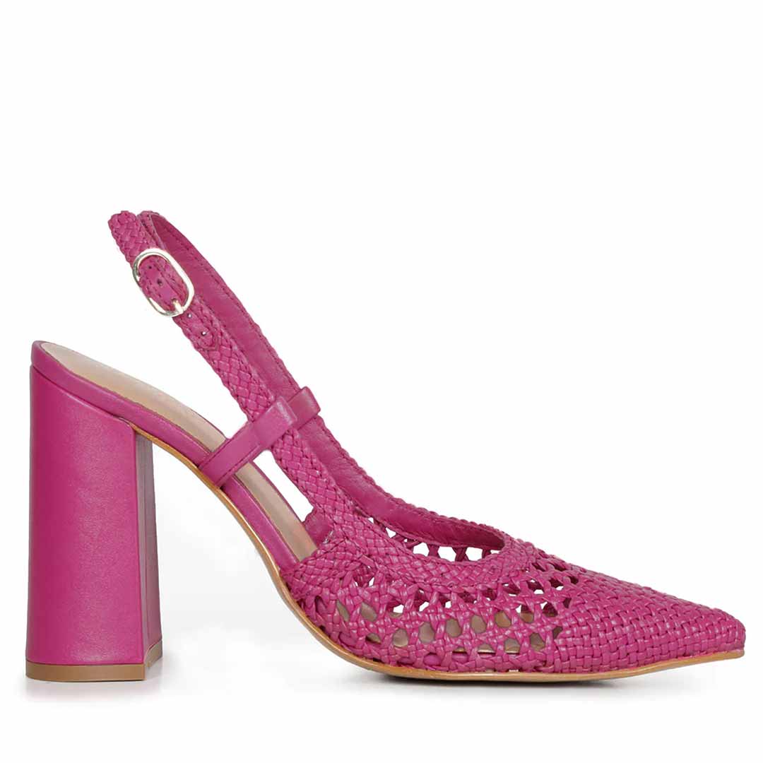 Saint Malea Hot Pink Hand Woven Leather Block Heels – SaintG USA
