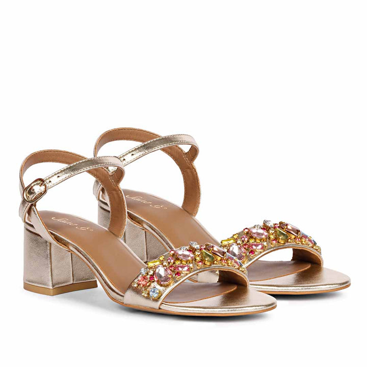 Saint Ella Multi Stones Decor Platin Leather Block Heels