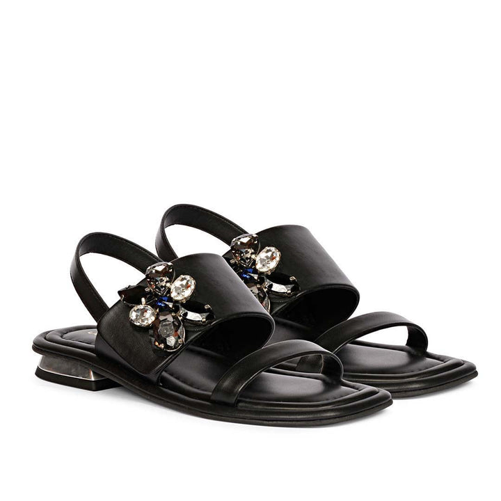 Black Leather Flats Sandals