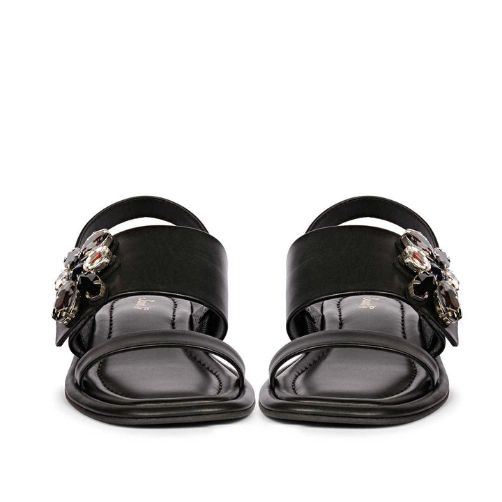 Multi Stone Butterfly Trim Black Leather Sandals