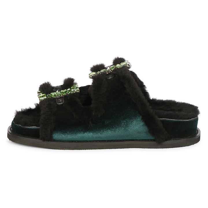 Saint Gemma Crystal Buckle Green Fur Snug Sandals