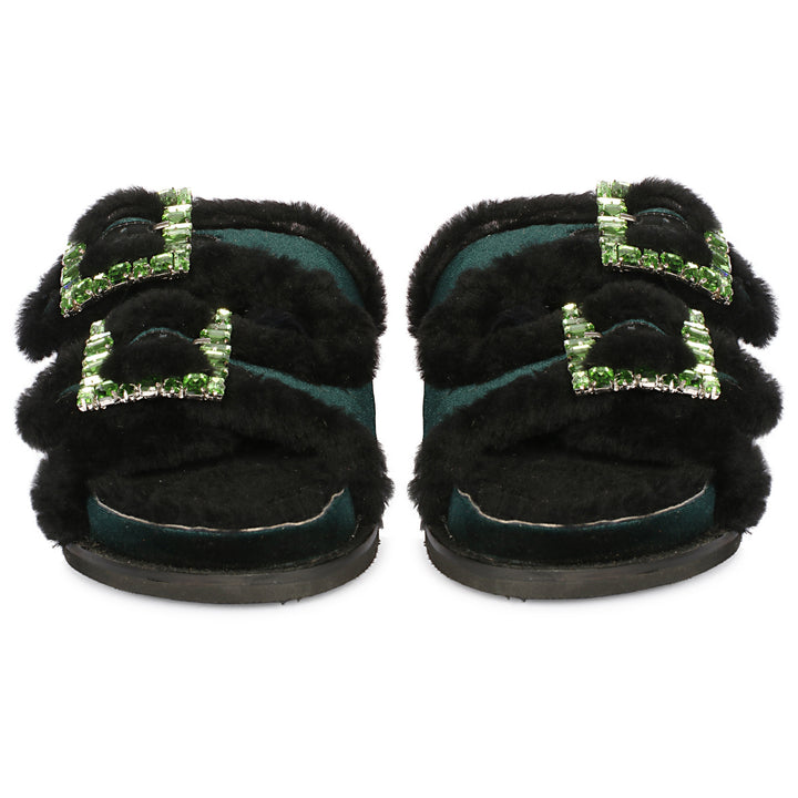 Saint Gemma Crystal Buckle Green Fur Snug Sandals