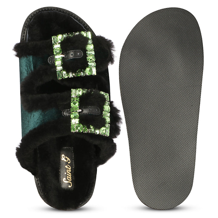 Saint Gemma Crystal Buckle Green Fur Snug Sandals