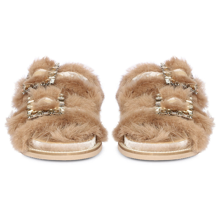Saint Gemma Crystal Buckle Beige Fur Snug Sandals