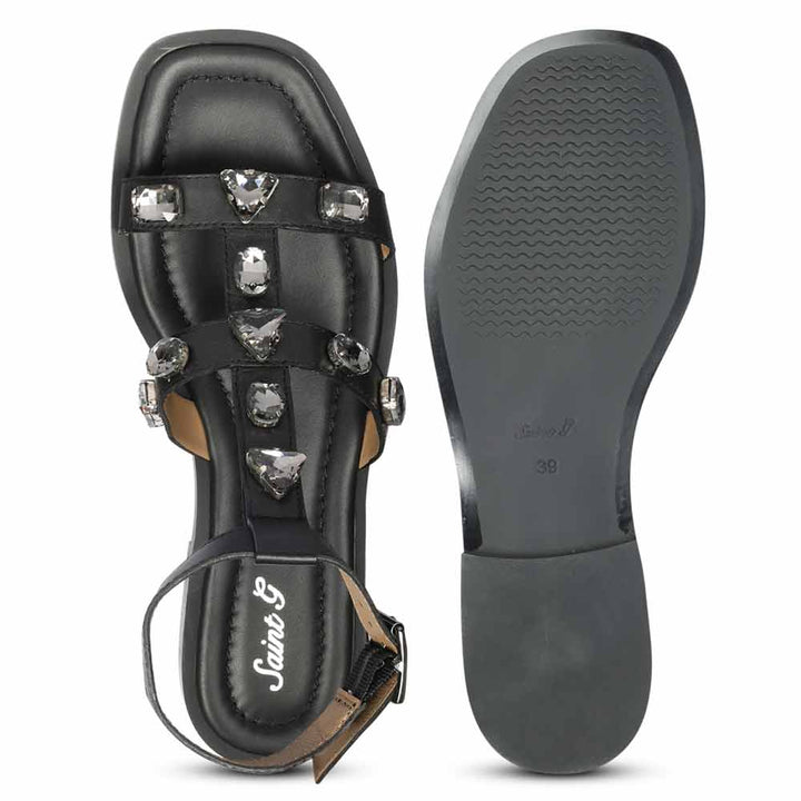 Saint Viola Stone Studded Black Leather Sandals
