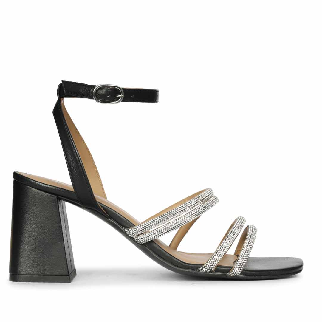 Saint Aldina Crystal Cord Black Leather Jewel Block Heels