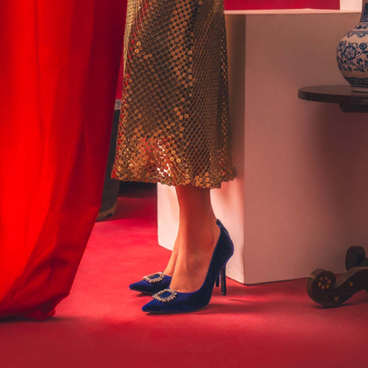 Saint Wren Square Décor Stones Blue Velvet Pumps