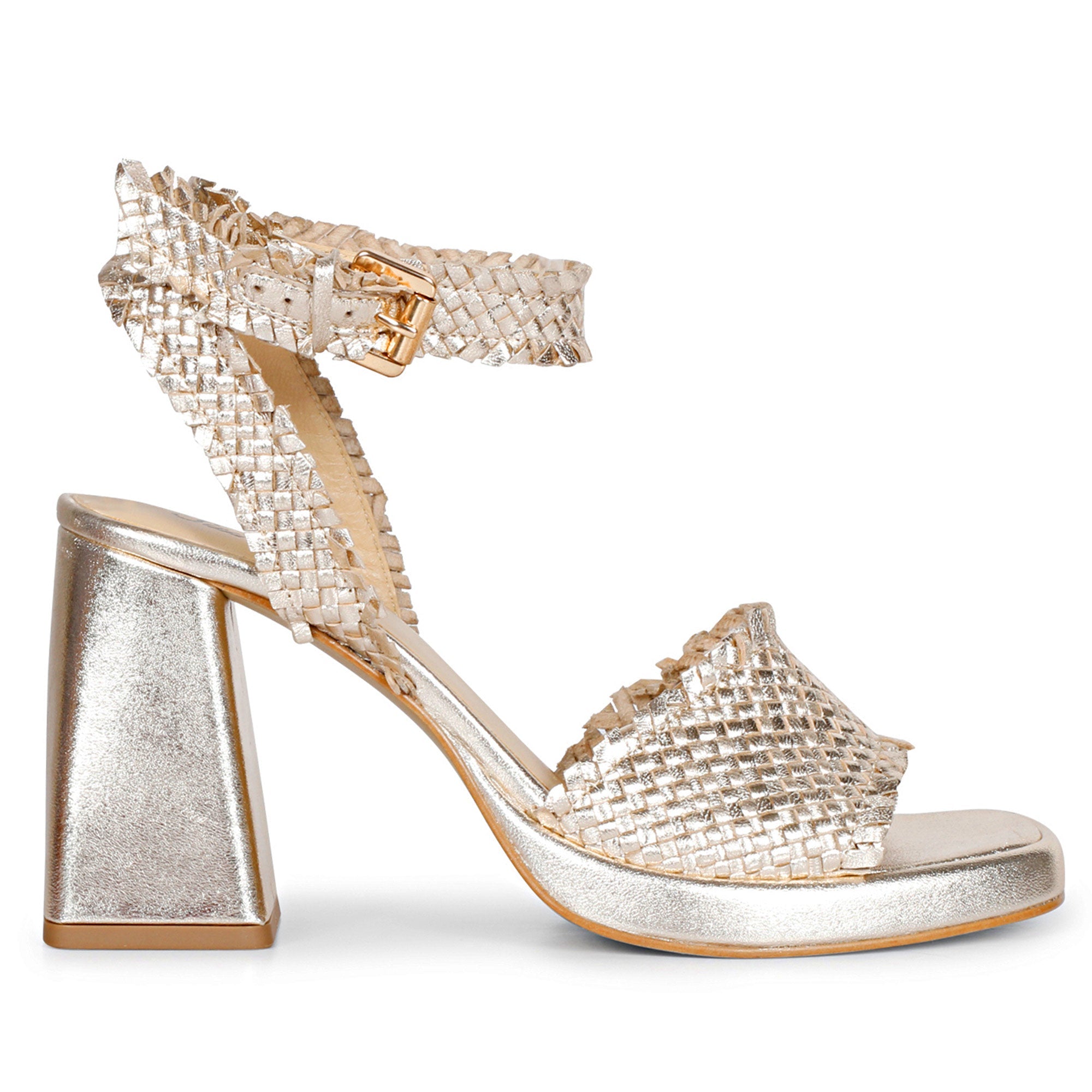 靴 Sellenatela HANNAH GOLD38 Saint Hannah Metallic Gold Hand Woven Leather Block Heels
