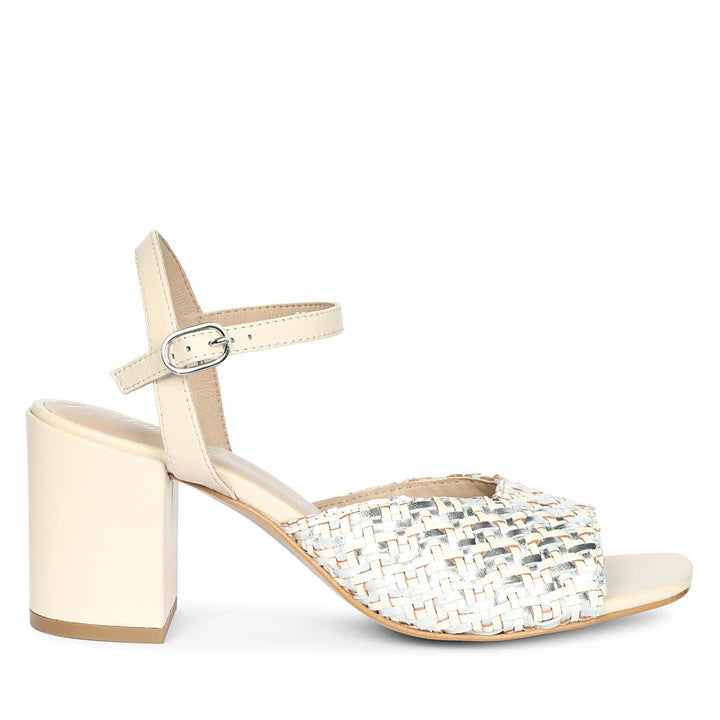 Saint Athena Off White-Silver Hand Woven Leather Heels