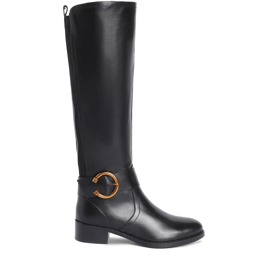 Saint Marisa Gold Buckle Decorative Black Leather Long Boots 37 / Black Saint Marisa Gold Buckle Decorative Black Leather Long Boots 37 / Black