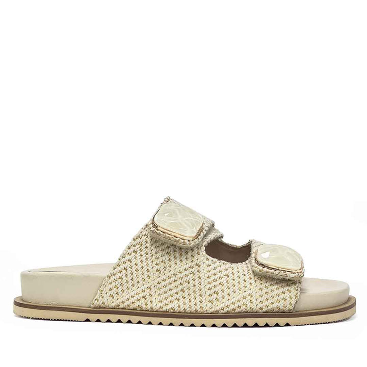 Saint Oren Off White Stone Jeweled Raffia Leather Sandals