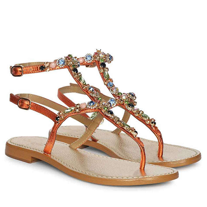 Saint Zuri Multi Stone Metallic Orange Leather Sandals