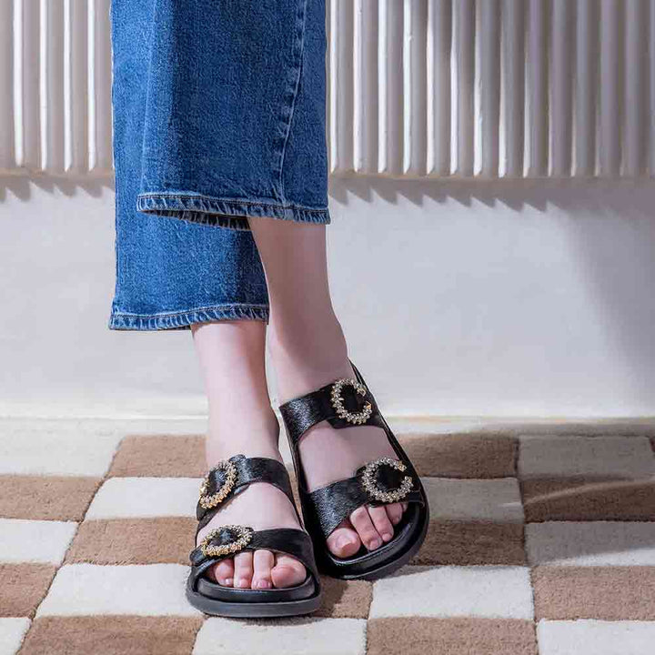 Saint Marta Jewel Pin Buckle Black Hair On Leather Sandals
