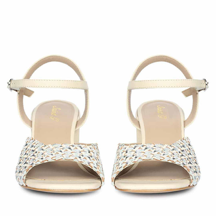 Saint Athena Off White-Silver Hand Woven Leather Heels