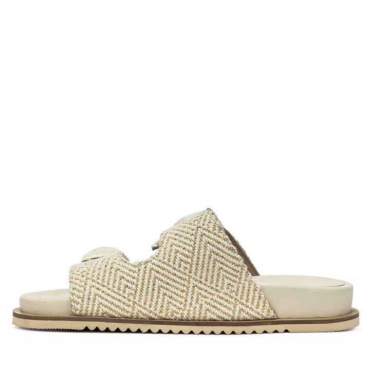 Saint Oren Off White Stone Jeweled Raffia Leather Sandals