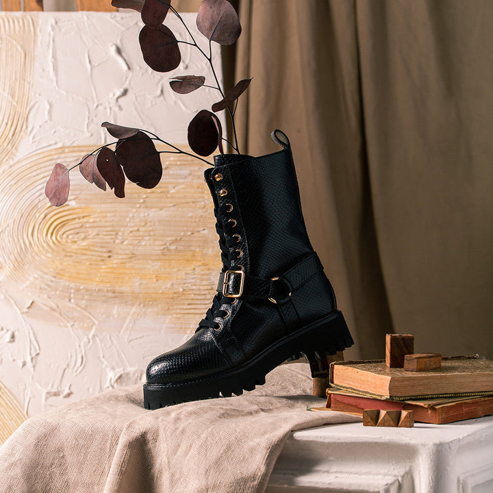 Stella Black Leather Lace-Up High Ankle Boots