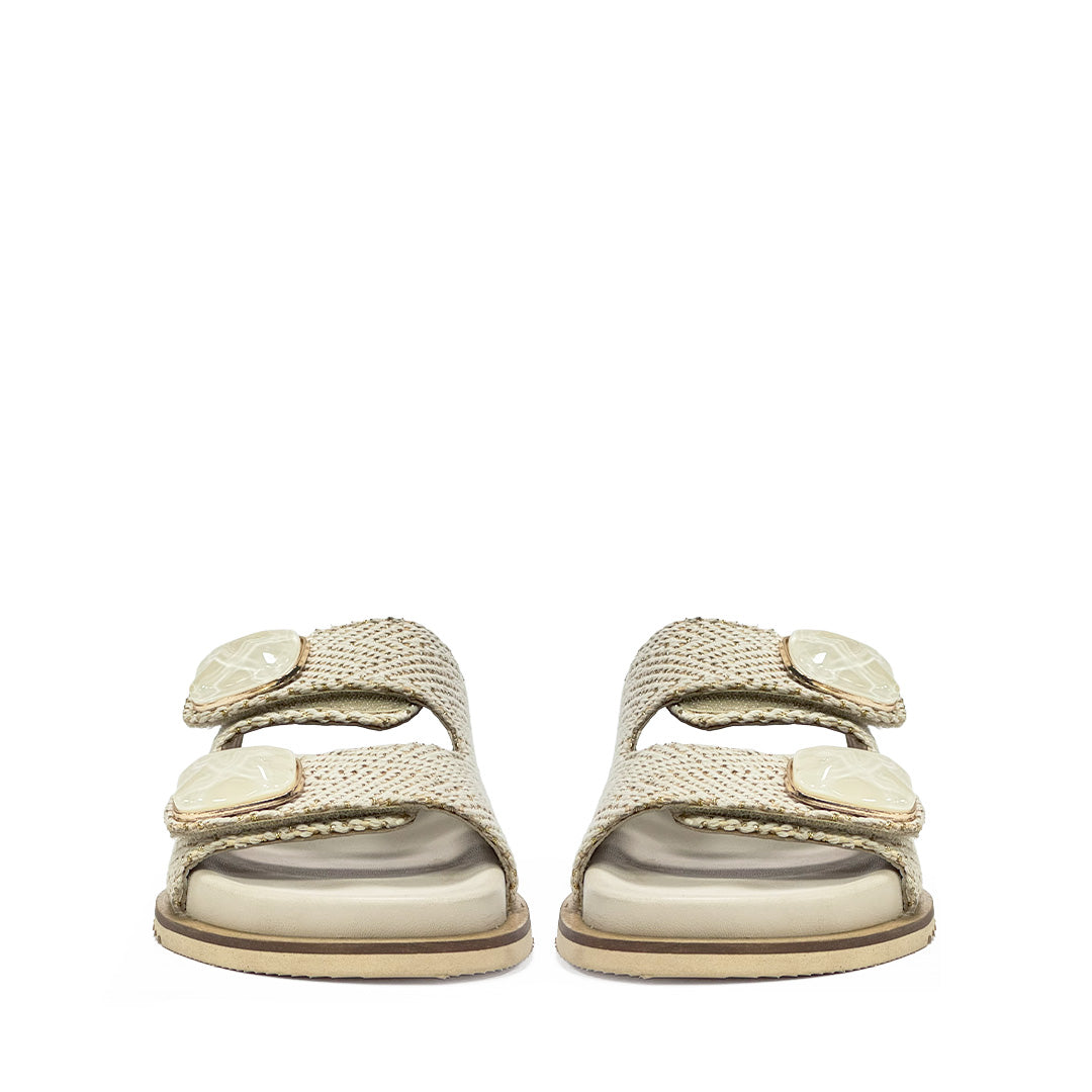 Saint Oren Off White Stone Jeweled Raffia Leather Sandals