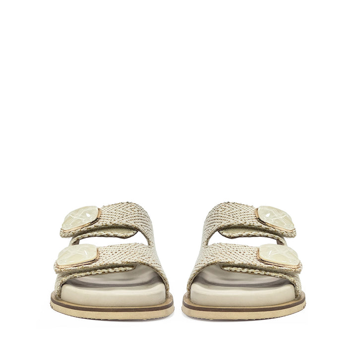 Saint Oren Off White Stone Jeweled Raffia Leather Sandals