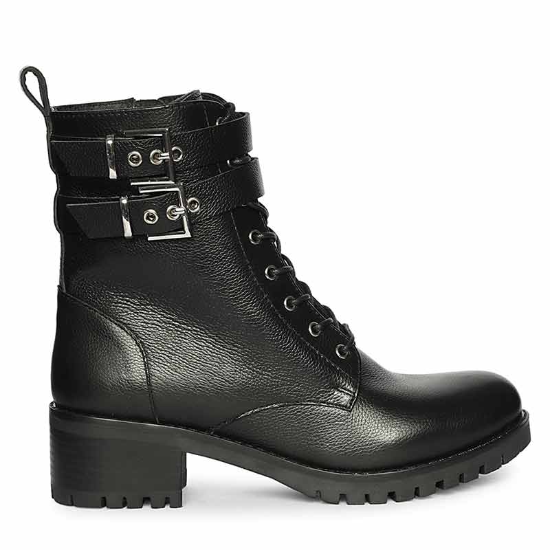Saint Lucero Buckle Decor Black Leather High Ankle Boots Black / 36