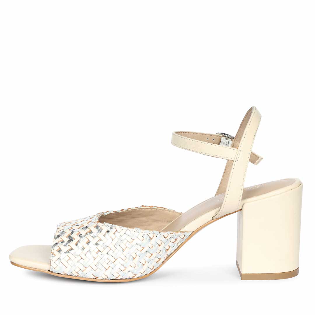 Saint Athena Off White-Silver Hand Woven Leather Heels