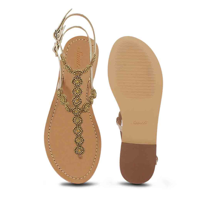 Saint Azzurra Platin Gold Embroidered Sandals: Elegant flat leather footwear with intricate gold embroidery for a touch of luxury and style