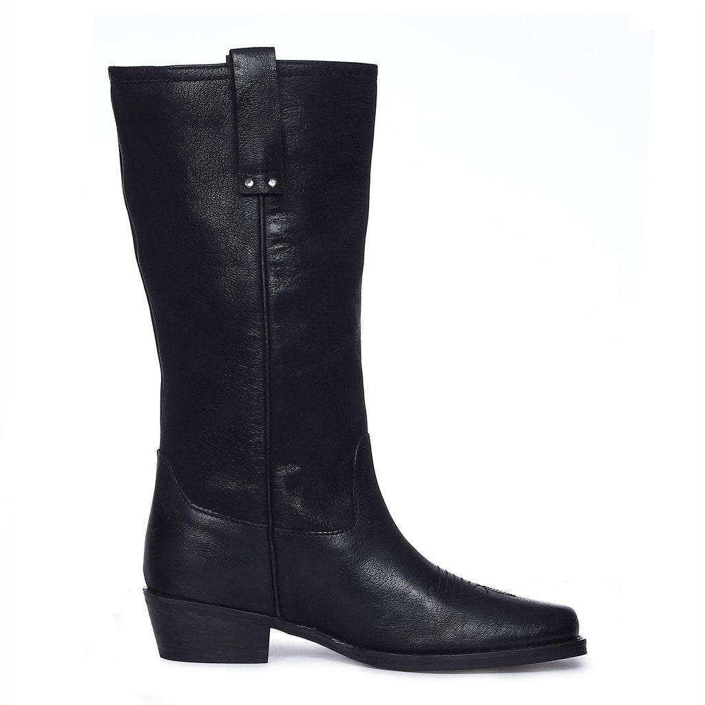 womens black mid calf dress boots Saint Valery Black Leather cowboy Calf Boots – SaintG USA
