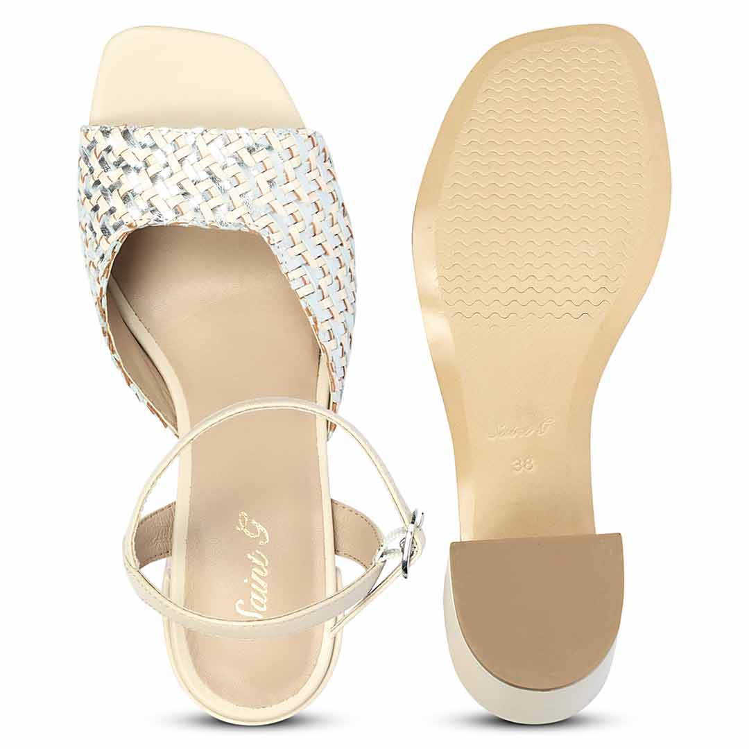 Saint Athena Off White-Silver Hand Woven Leather Heels