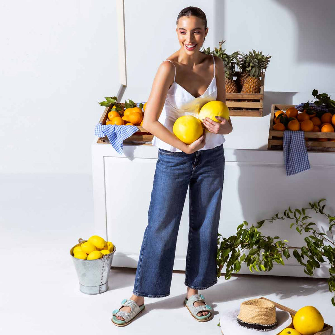 Saint Oren Turquoise Stone Jeweled Raffia Leather Sandals