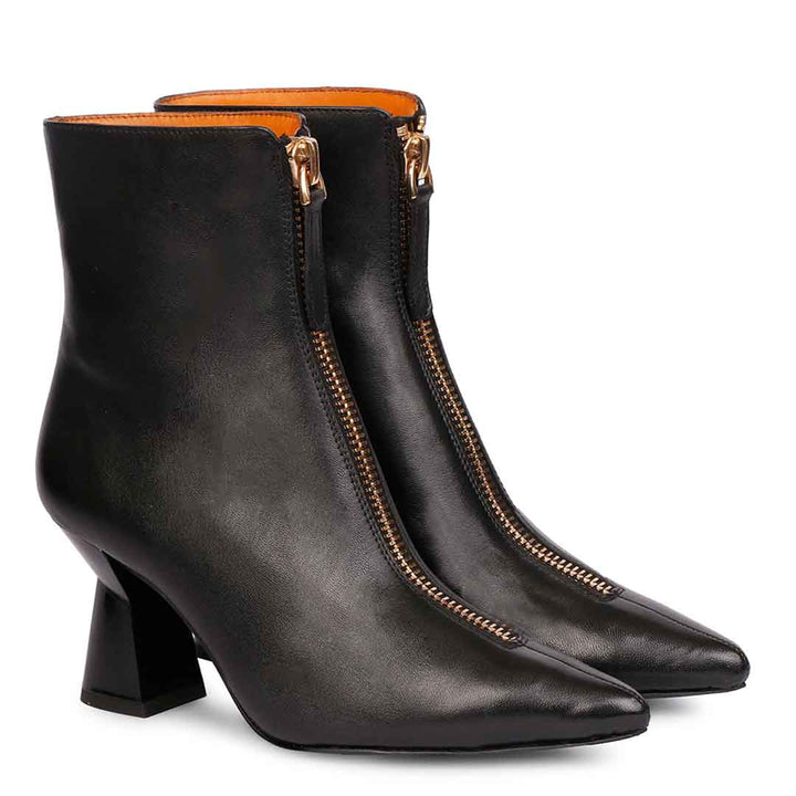 Black leather kitten heel zipper boots