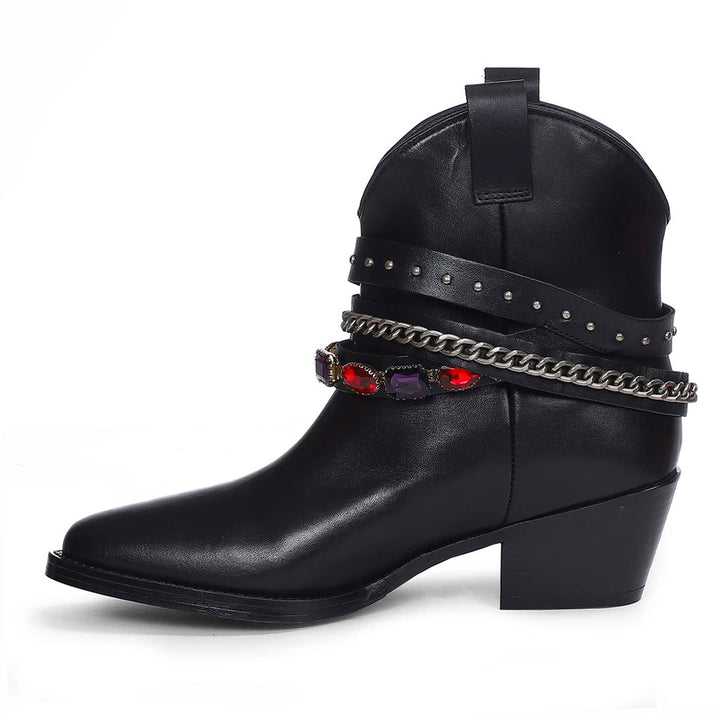 Stylish women’s leather boots with rhinestones