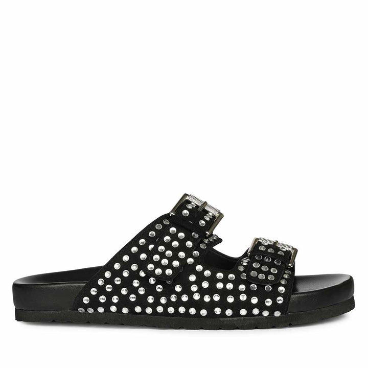 Saint Riena Studded Double Buckle Blue Suede Leather Sandal