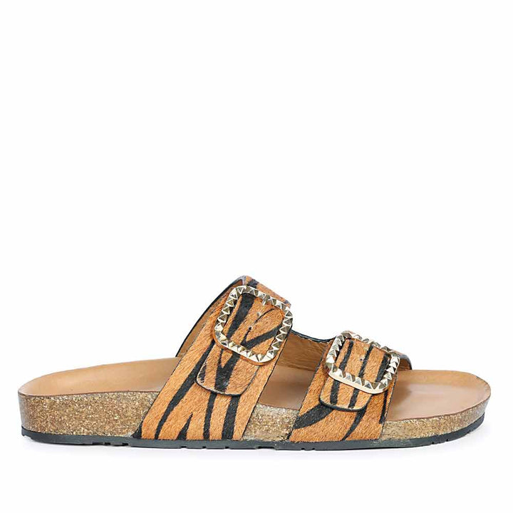 Saint Noel Tan Zebra Pony Print Leather Flat Sandals
