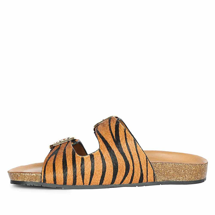 Saint Noel Tan Zebra Pony Print Leather Flat Sandals