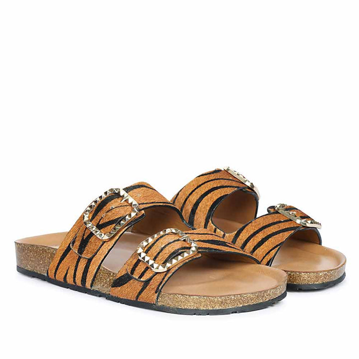 Saint Noel Tan Zebra Pony Print Leather Flat Sandals