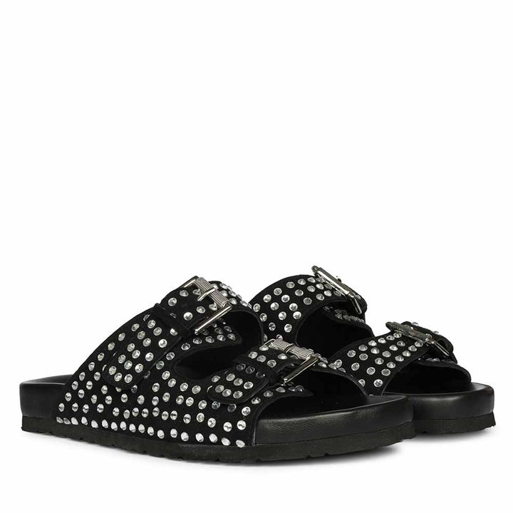 Saint Riena Studded Double Buckle Blue Suede Leather Sandal