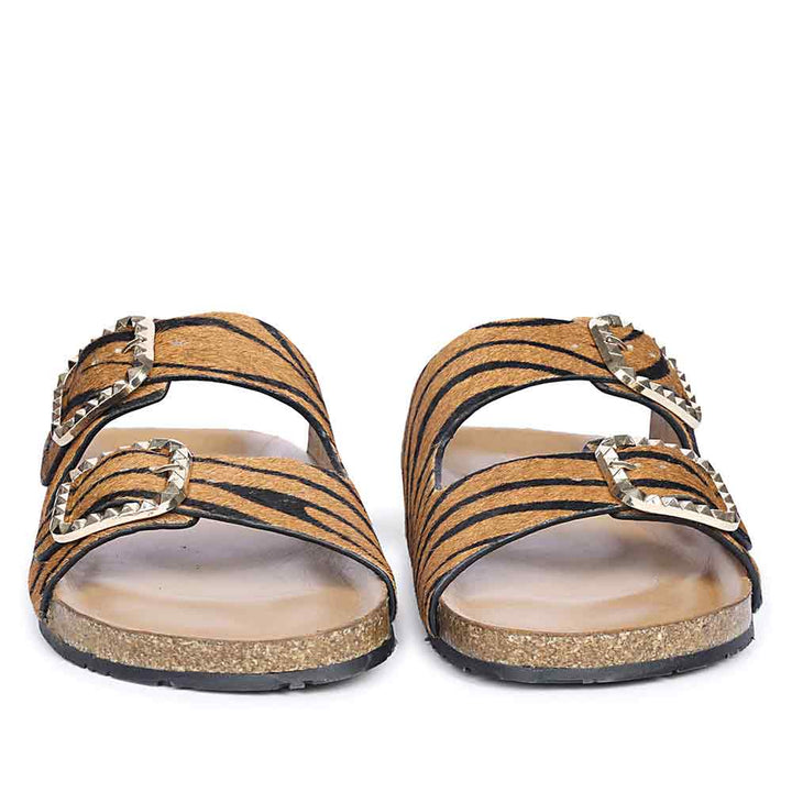 Saint Noel Tan Zebra Pony Print Leather Flat Sandals
