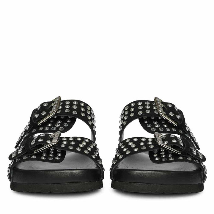 Saint Riena Studded Double Buckle Blue Suede Leather Sandal