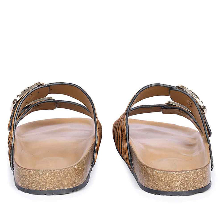 Saint Noel Tan Zebra Pony Print Leather Flat Sandals