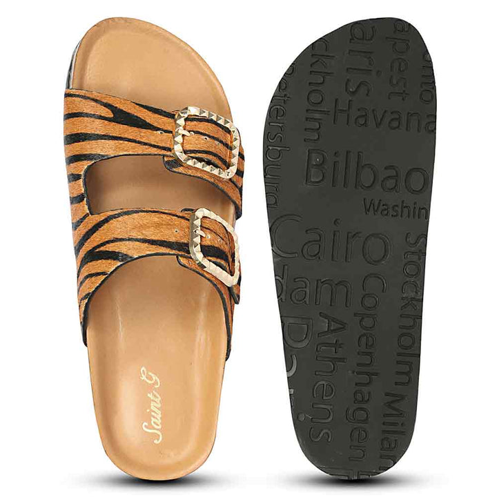 Saint Noel Tan Zebra Pony Print Leather Flat Sandals