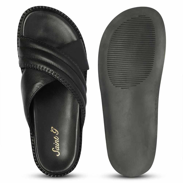 Saint Reya Padded Cross Strap Black Leather Flats