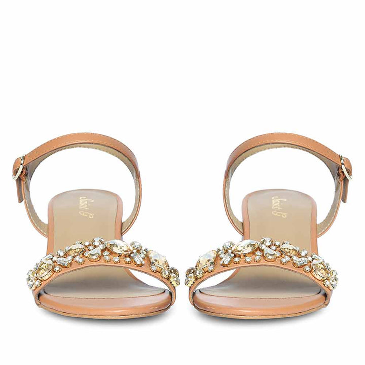 Saint Ella Stones Embellished Tan Leather Block Heels