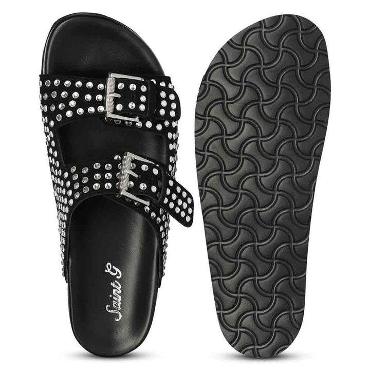 Saint Riena Studded Double Buckle Blue Suede Leather Sandal