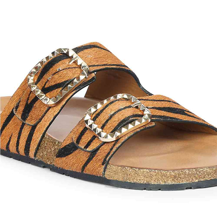Saint Noel Tan Zebra Pony Print Leather Flat Sandals