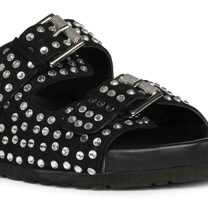 Saint Riena Studded Double Buckle Blue Suede Leather Sandal