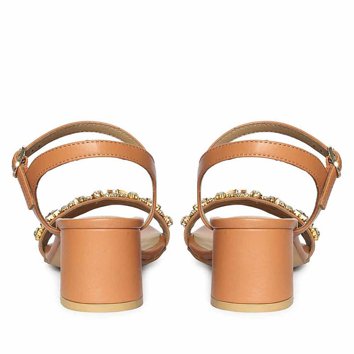 Saint Ella Stones Embellished Tan Leather Block Heels
