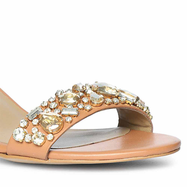 Saint Ella Stones Embellished Tan Leather Block Heels
