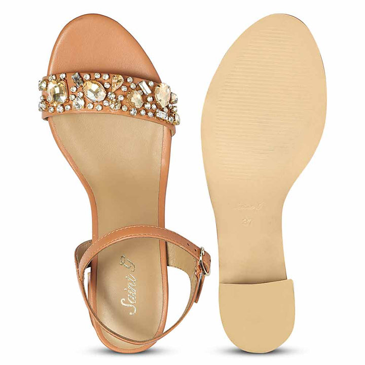 Saint Ella Stones Embellished Tan Leather Block Heels