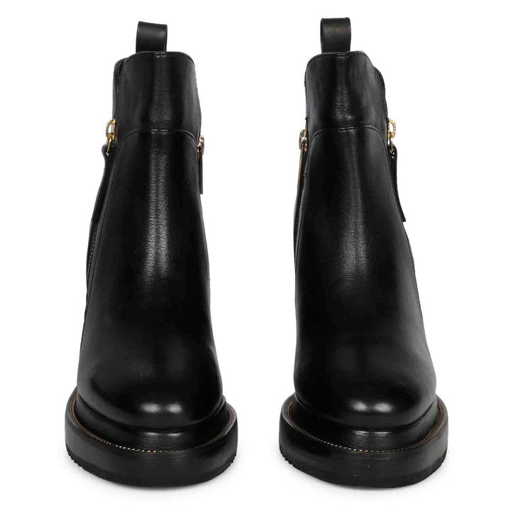 Black Leather Ankle Boots Featuring Stylish Wedge Heel Design